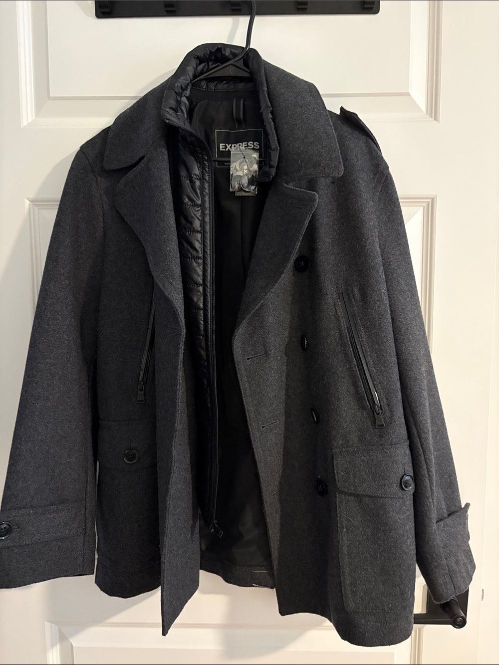 Express Men’s Dark Gray Double-Breasted Peacoat